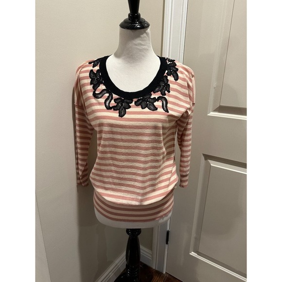 NWOT SONIA RYKIEL Cream Pink Black Lace Insert Sweater SZ FR 42/US 10 ITALY